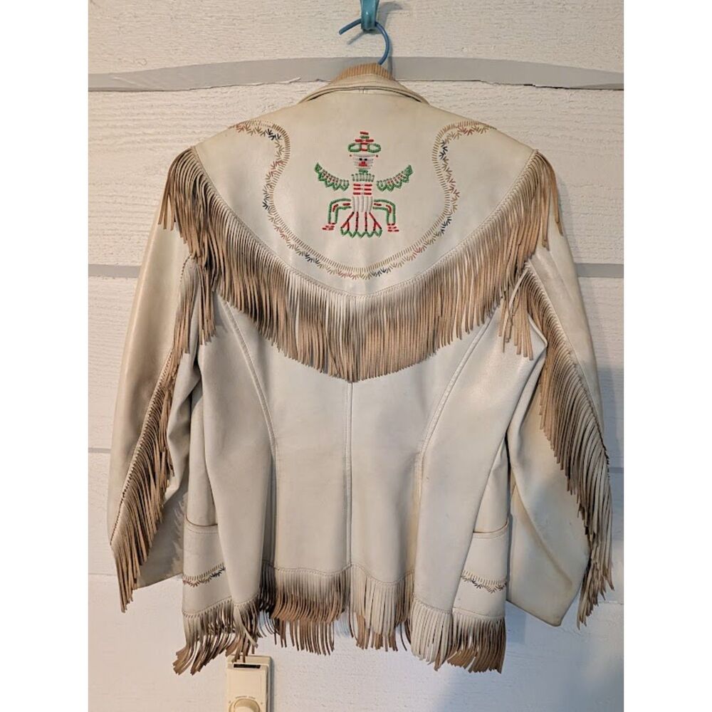 Vintage 70s Pioneer Wear Leather Fringe Jacket Albuquerque USA Made Beaded Yei